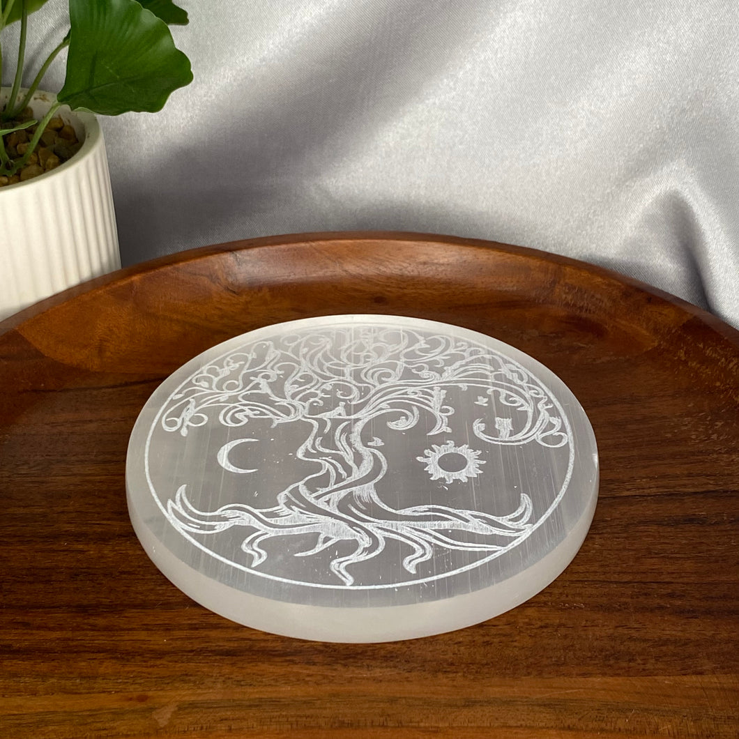 Selenite (Satin Spar) Engraved Plate - Tree of Life