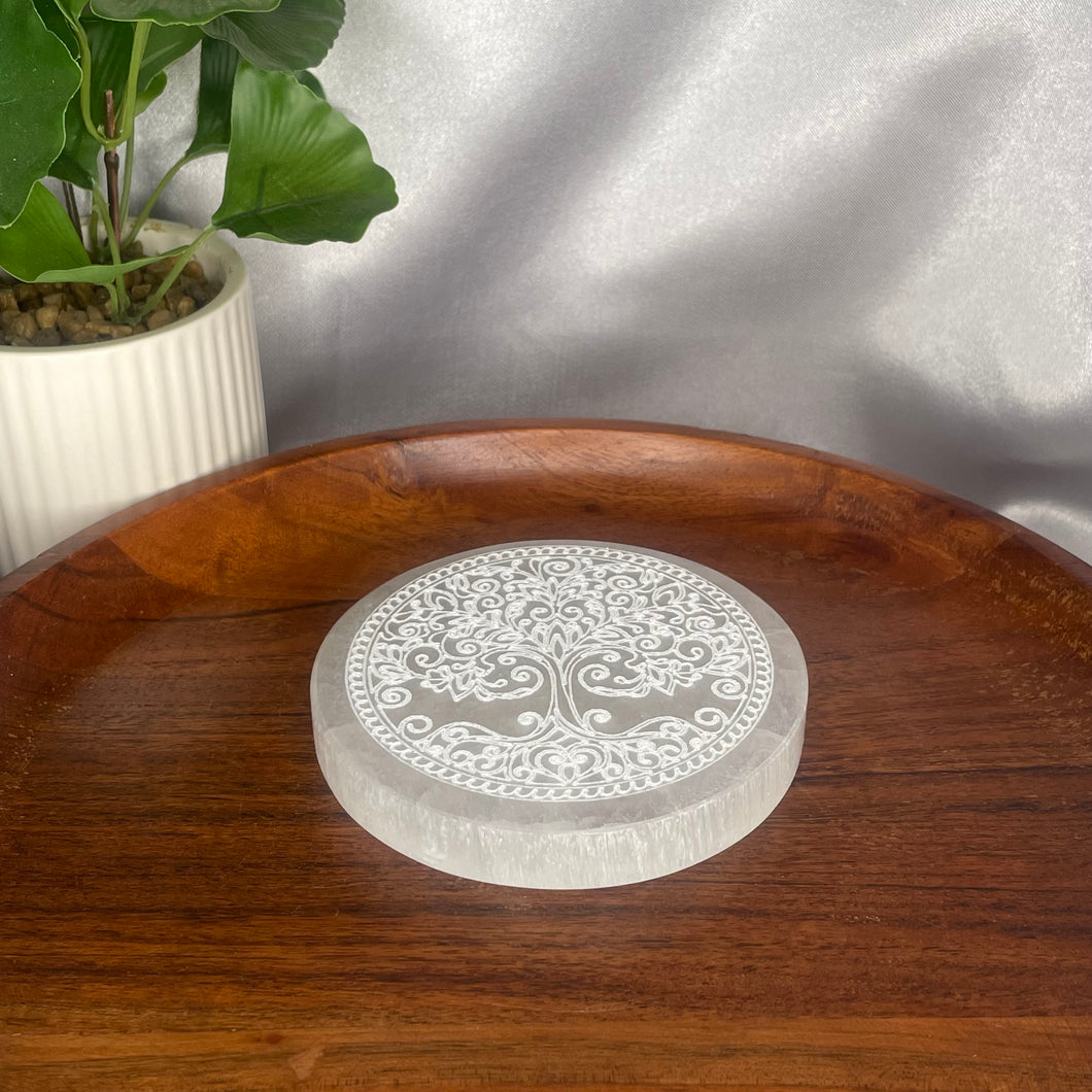 Selenite (Satin Spar) Small Engraved Plate - Tree of Life