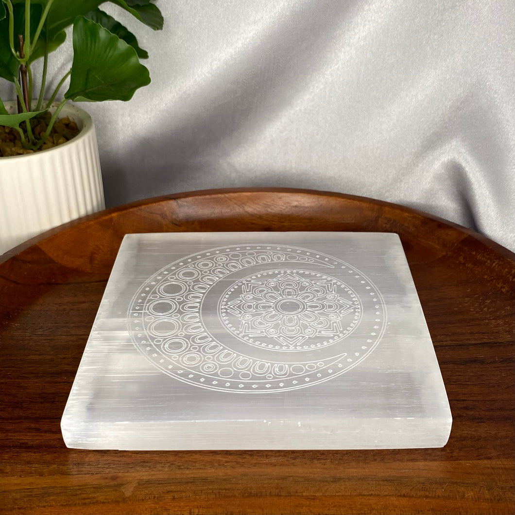 Selenite (Satin Spar) Engraved Selenite Plate - Moon