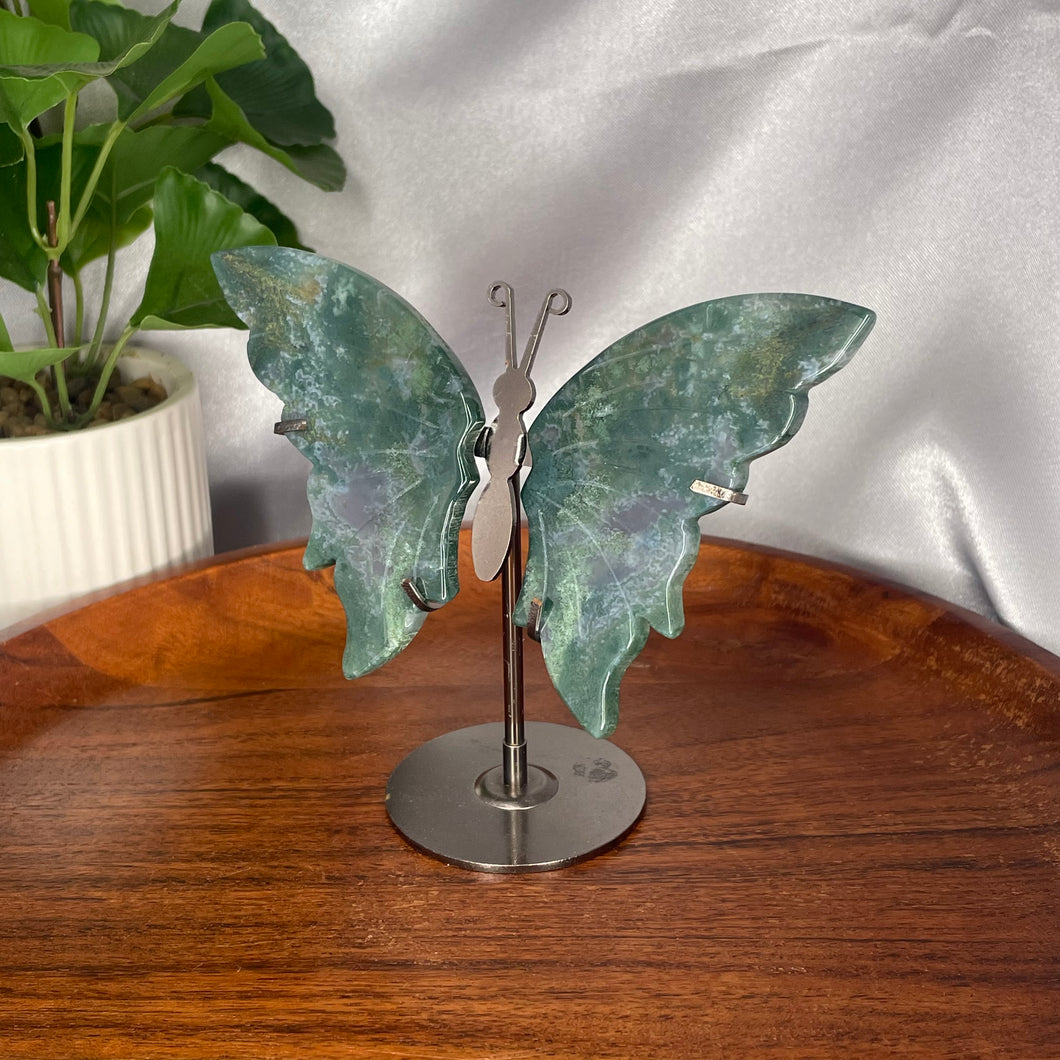 Moss Agate Butterfly Wings on Stand