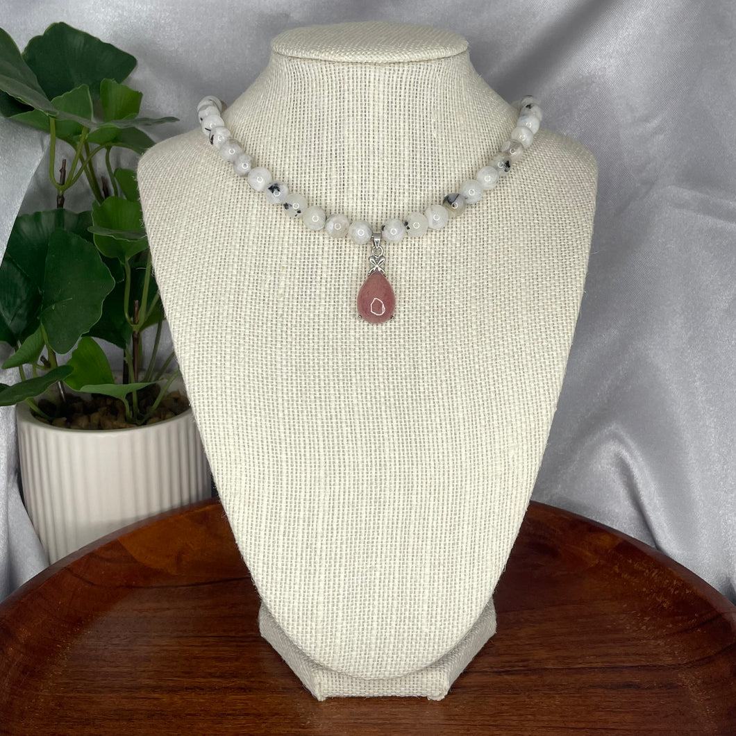 Rainbow Moonstone & Strawberry Quartz Necklace